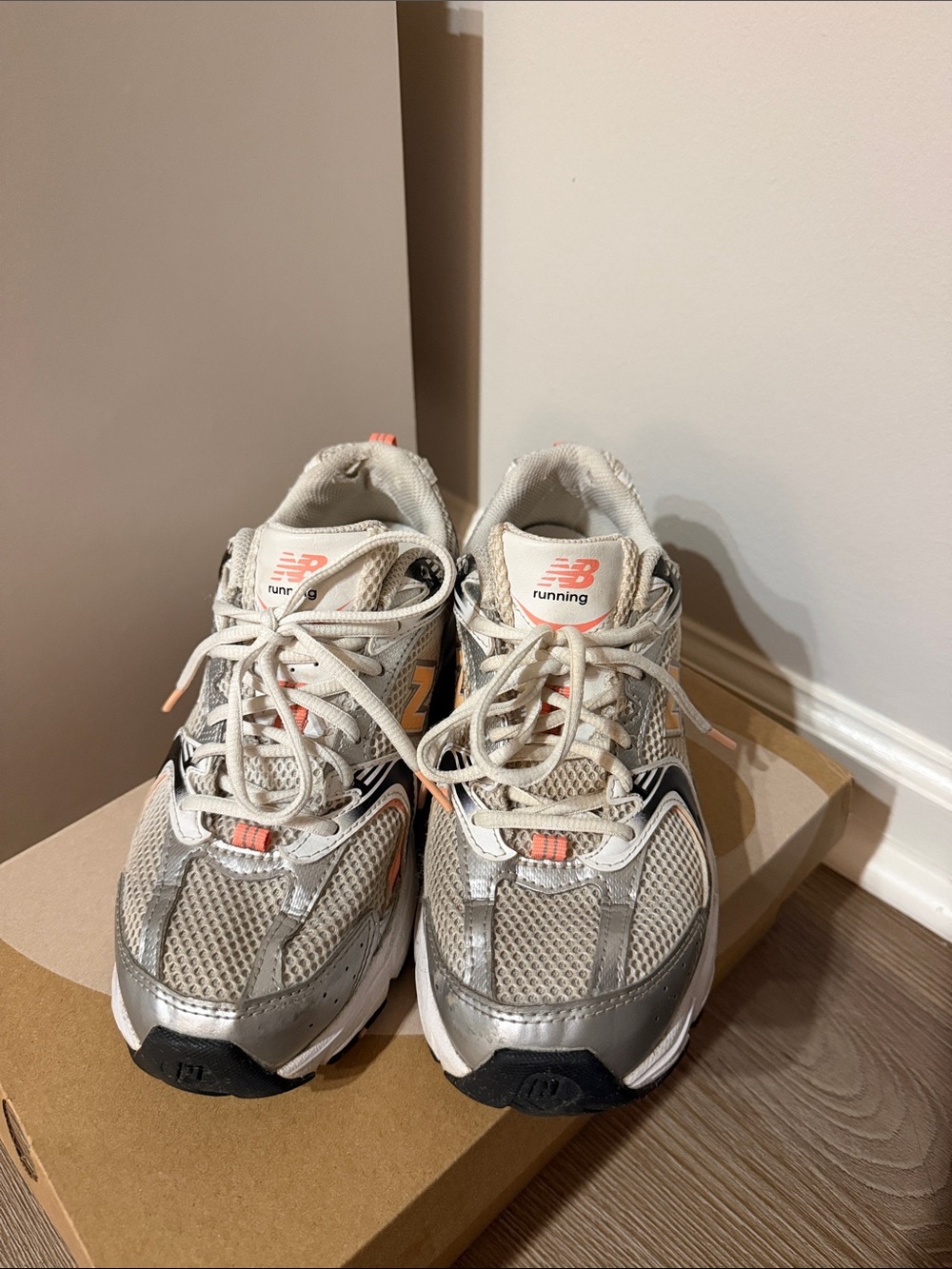 New Balance Women's Silver Mesh Running Sneakers with Peach Accents
